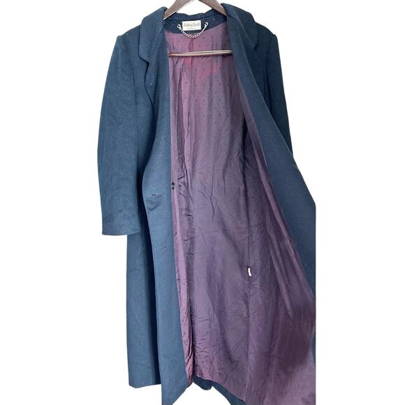 Ashley Scott Navy Blue 100% Wool Coat Wide Lapels Long Length Overcoat Large - Picture 2 of 6